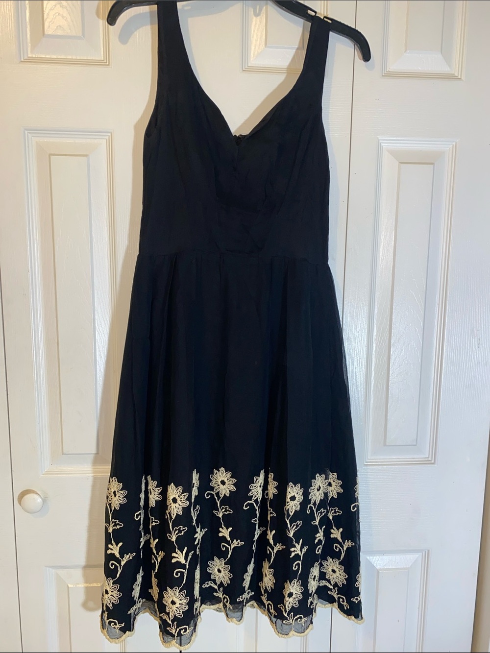 Vintage Black Silk Cocktail Dress with Cream Floral Hem Embroidery